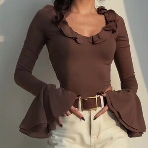 Marbl Ruffled Bell Sleeve Top in Mocha